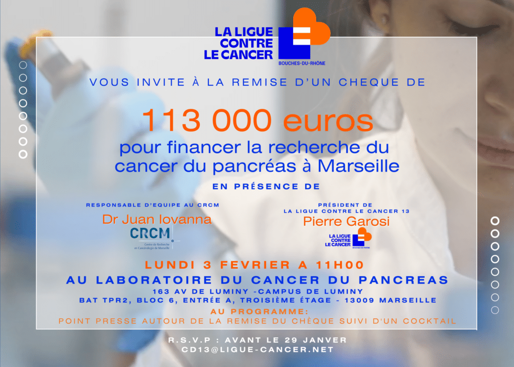 La Ligue contre le cancer des Bouches-du-Rhône remet un chèque de 113 000 Euros pour financer le programme de recherche contre le cancer du pancréas.